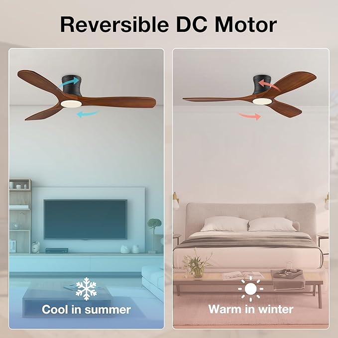 52inch Wood Ceiling Fans with Lights and Remote,Low Profile Modern Ceiling Fan with Light,Outdoor Indoor Flush Mount Ceiling fan,for Patio Bedroom Farmhouse,Walnut,3 Blades,6 Speeds,Quiet