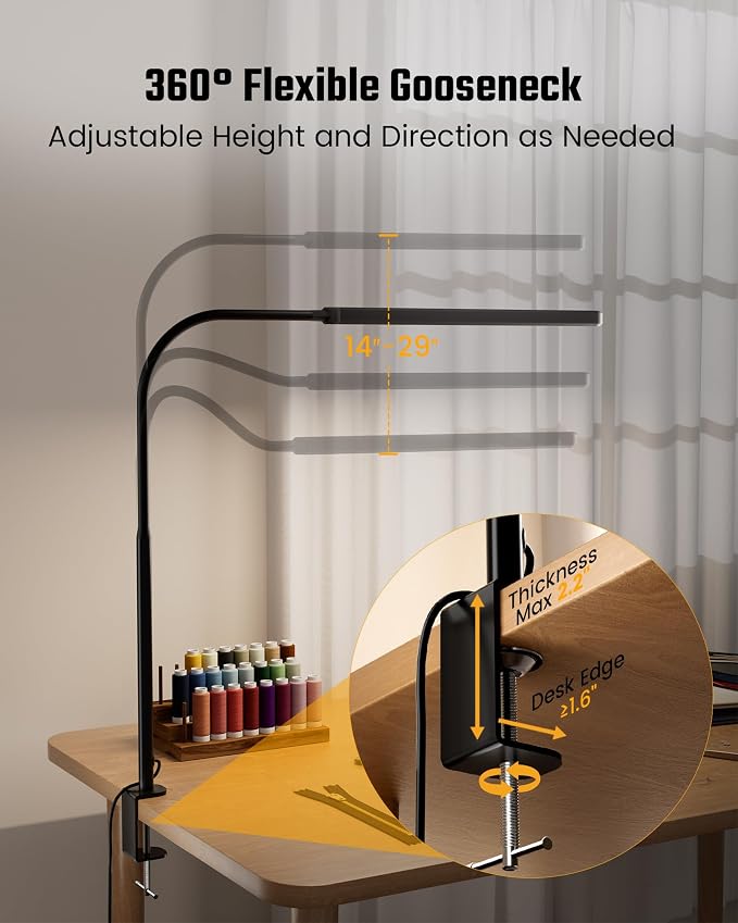 SUPERDANNY Eye-Caring LED Desk Lamp 360° Flexible Gooseneck Work Lamp with Desk Side Clamp Touch Control 3 Light Colors Smooth Dimming Task Lighting Reading Light for Home Office College Dorm, Black