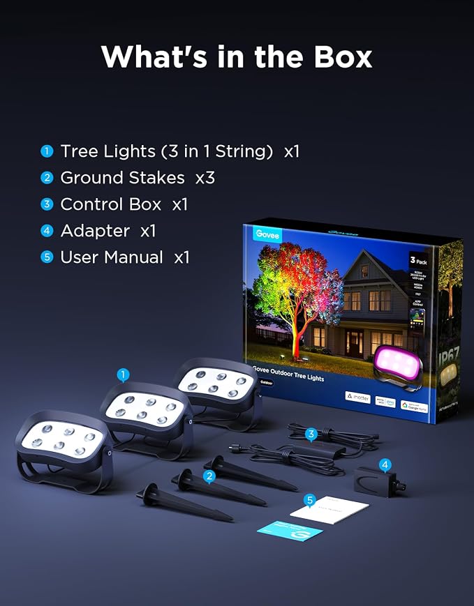 Govee Outdoor Tree Lights 3-Pack, RGBWIC LED Landscape Lighting | Outdoor Lights for Yard Garden Patio, 66 Scene Modes for Holiday Party and Event, App Control, Google Assistant, Matter