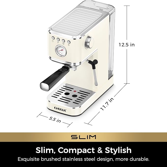 CHULUX Slim Espresso Machine with Milk Frother for Home Cappuccino, Creamy | Precise Pressure Gauge, Food-Grade Materials, 20 Bar Italian Pump, Professional Temperature Control System, Stainless Steel