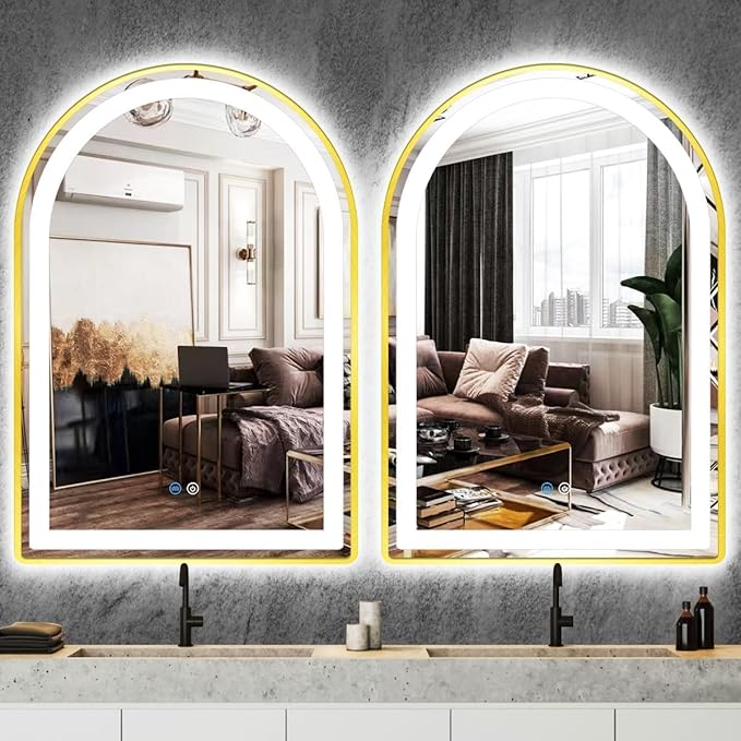 24 x 32 Inch Gold Arch LED Lighted Vanity Mirror for Bathroom Wall Makeup Desk Table Gold Arched Mirror with Lights AntiFog 3 Color Dimmable Bathroom 32in Gold Arched Smart Light up Mirror