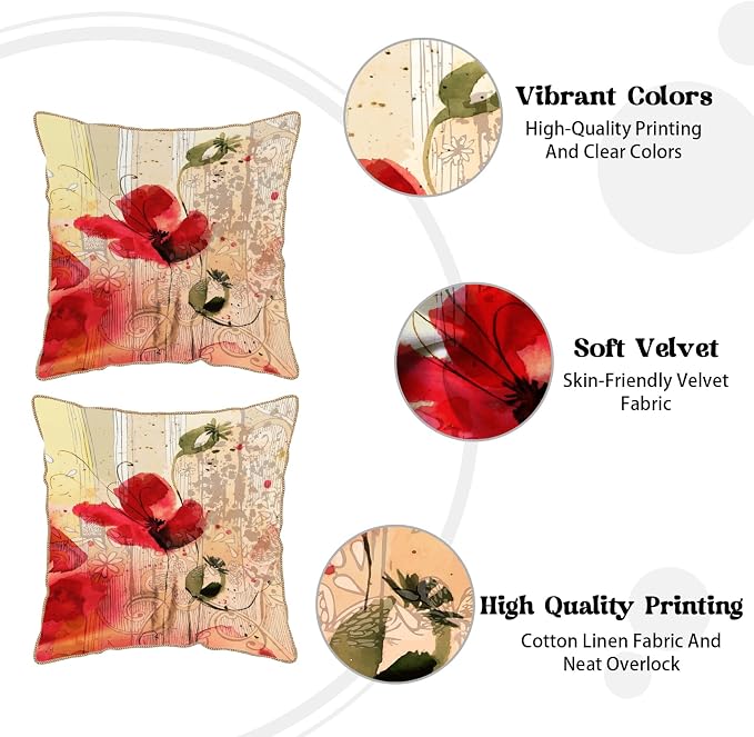 KSLIDS Red Poppy Flower Soft Velvet Throw Pillow Covers Set of 2 Watercolor Art Flower Decorative Pillow Covers 16x16 Inch Retro Beige Pillow Case for Sofa Couch Living Room Farmhouse Home Decor