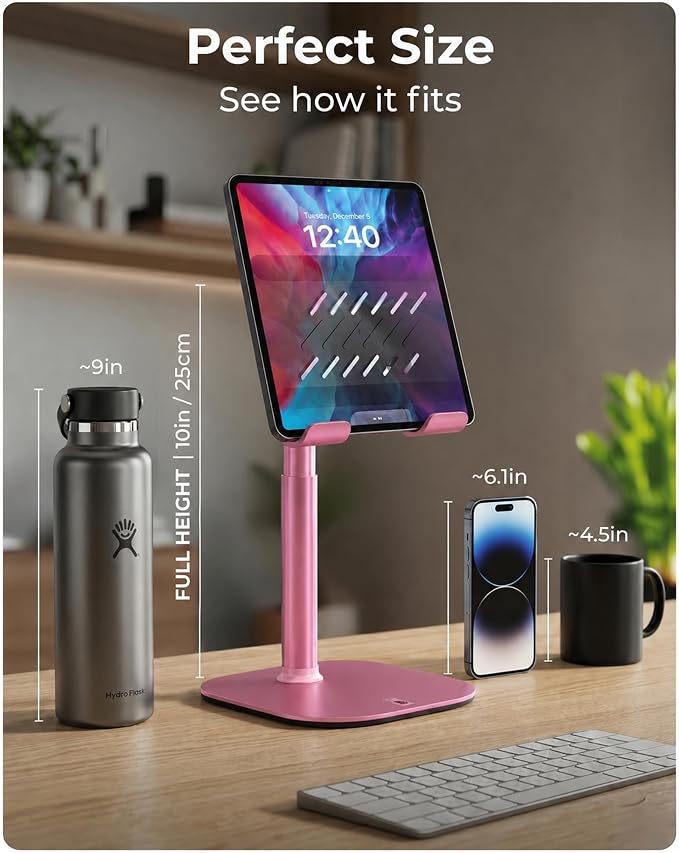 COOPER TabHolder, 7-10" Height Adjustable Tablet Stand, Premium iPad Stand for Desk, 270° Tilt iPad Holder, Kindle Holder, 15.6-17" Portable Monitor Support, (Lavender Pink)