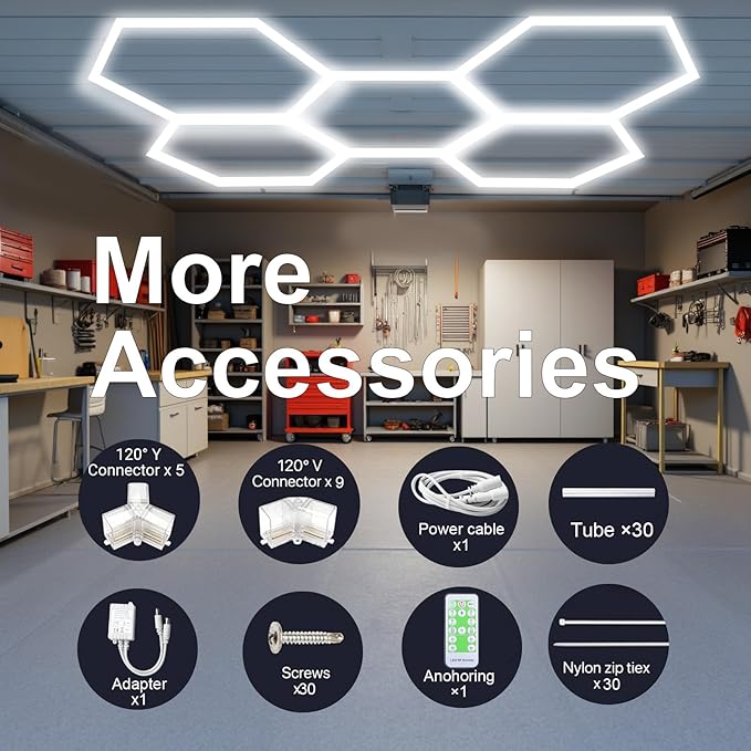 Garage Hexagon Lights, 60W 24V 6500K Higher Brightness Hex Garage Lights, Plug and Play, Lightweight DIY Assembly Hexagonal Light for Car Detailing Auto Beauty Shop Decor(with Remote Control)