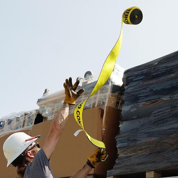US Cargo Control J Hook Ratchet Strap 4 Inch x 27 Foot, 5,400 LBS Working Load Limit, Yellow 4 Inch Ratchet Straps Heavy Duty for Flatbed Trailers, Professional Flatbed Hauling