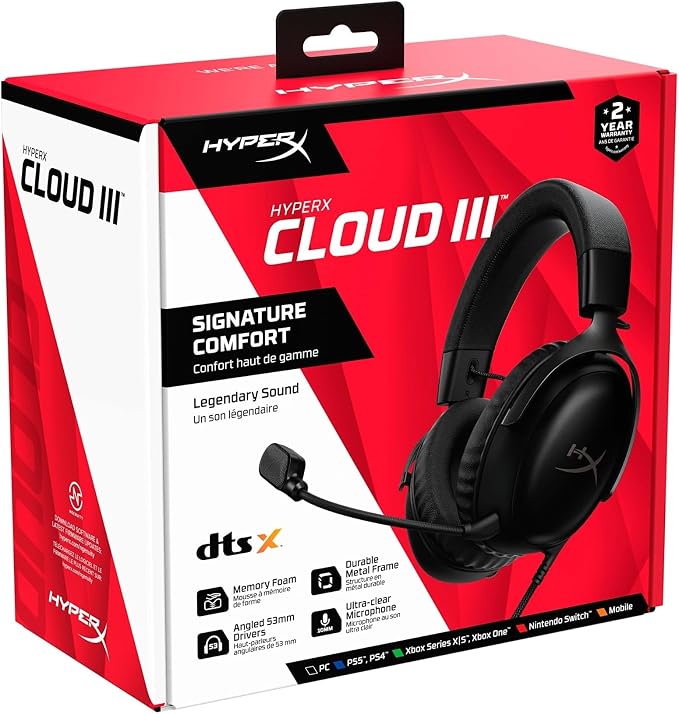 HyperX Cloud III – Wired Gaming Headset, PC, PS5, Xbox Series X|S, Angled 53mm Drivers, Spatial Audio, Memory Foam, Durable Frame, Ultra-Clear 10mm Mic, USB-C, USB-A, 3.5mm – Black