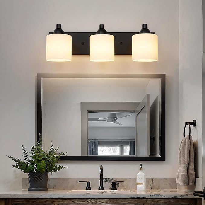 Milk Glass Vanity Lights for Bathroom, 3 Light Matte Black Bathroom Light Fixtures Over Mirror, Ceramic E26 Sockets Wall Mounted