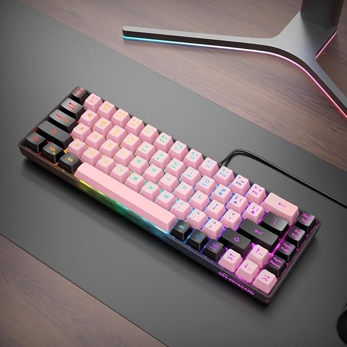 GEODMAER 65% Wired Gaming Keyboard, LED Backlit, Ultra-Compact Anti-Ghosting No-Conflict 68 Keys Membrane Gaming Wired Keyboard for PC Laptop Windows Gamer(Pink-Black)
