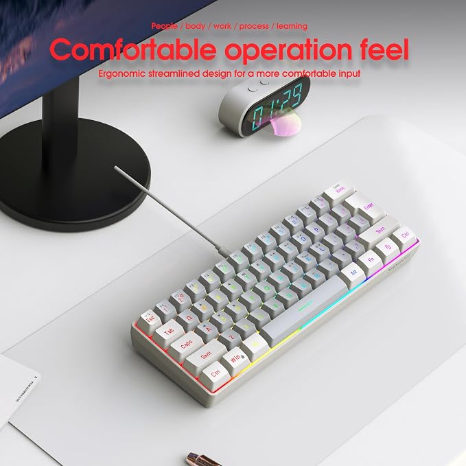 Snpurdiri 60% Wired Gaming Keyboard, 61 Keys RGB (White-Grey) | Small Ultra-Compact Backlit 60 Percent Gaming Keyboard for PC/Mac Gamer, Typist, Travel, Easy to Carry on Business Trip