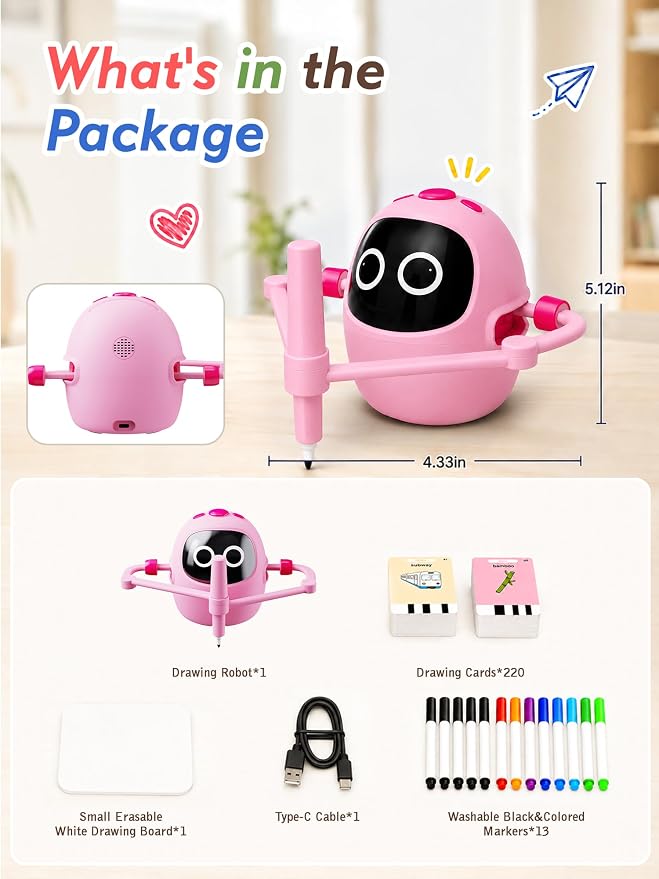 Drawing Robot Toys for Kids, 220 Flash Cards Gift for 3-8 Years Old Boys Girls, Montessori Doodle Art Painting with Voice Interactive for Beginners, Birthday (Pink)
