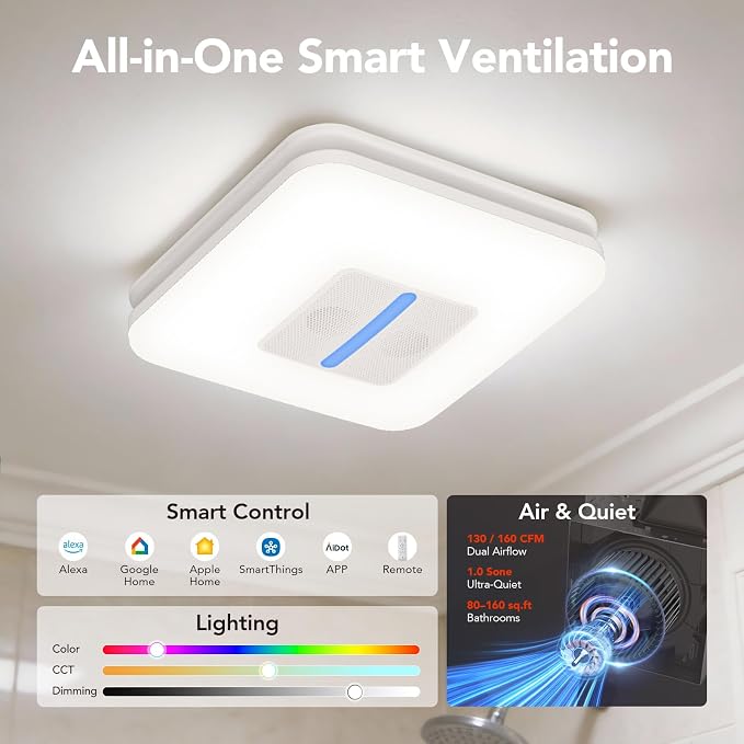 OREiN Matter Smart Bathroom Fan with Light ��� Humidity Sensor, 130���160 CFM Ventilation, Ultra-Quiet 1.0 Sone, Tunable White & Custom RGB, Dual Bluetooth Speakers, Compatible with Alexa & Google Home