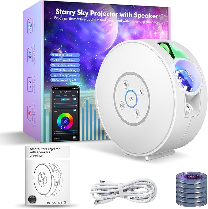 NUNET Smart Galaxy Star Projector for Bedroom - APP Voice Control Bluetooth Speaker, Rotatable Nebula Night Light with 6 HD Slides & 37 White Noises Timer, Kids Ceiling Sky Stars Room Decor Light