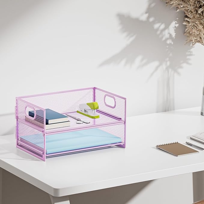 Marbrasse 2 Tier Paper Organizer Letter Tray, Mesh File Organizer with Handle, Paper Sorter Desk Organizer for Home Office Supplies - Purple