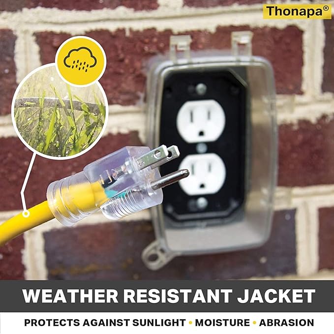 Thonapa Lighted Outdoor Extension Cord 15 ft - 12 Gauge 15 Amp Heavy Duty Power Extension Cords - SJTW - Great for Major Appliances, Power Tools, Garden Supplies - Yellow