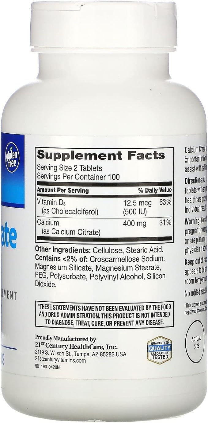21st Century Calcium Citrate Petites + D3 Coated Tablets - 200 Tablets, Pack of 4
