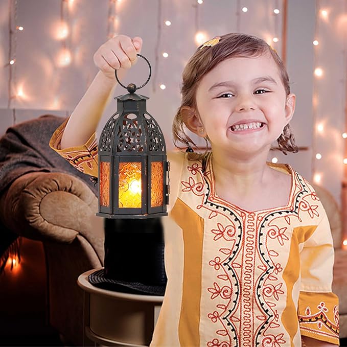 NEEDOMO Set of 4 Moroccan Candle Lantern, 9" Ramadan Lanterns Decorative Indoor Outdoor, Vintage Candle Holder for Chritsmas, Halloween, Table, Patio, Porch, Shelf, Ramadan Decorations (Amber)