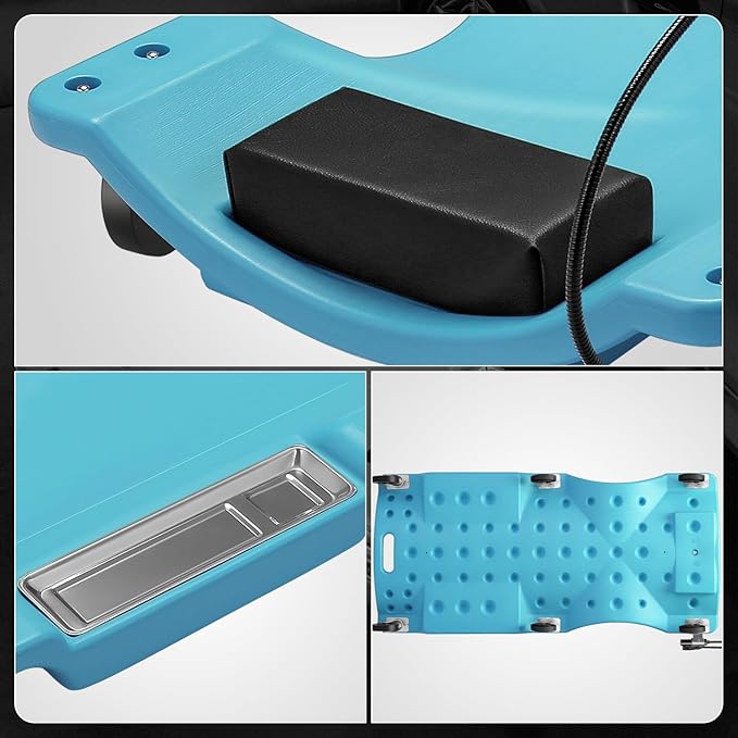 DNA Motoring 40 Inch Low Profile Plastic Rolling Garage Shop Floor Creeper with LED Light, Padded Headrest, Dual Tool Trays, Casters, Tiffany Blue, TOOLS-00389-TB