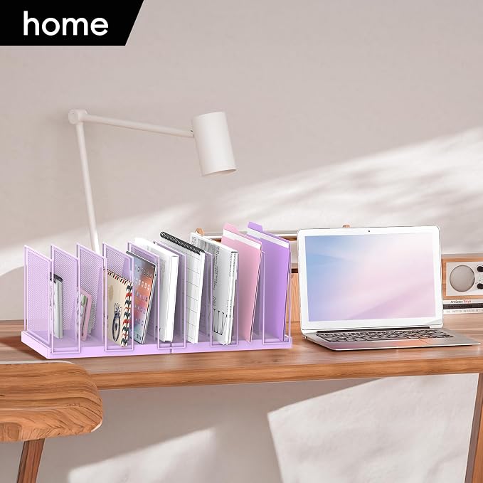 9-Section Desk File Organizer, Vertical File Holder, Mesh Desktop File Folder Metal File Organizer Stand for Office Home Classroom, Purple