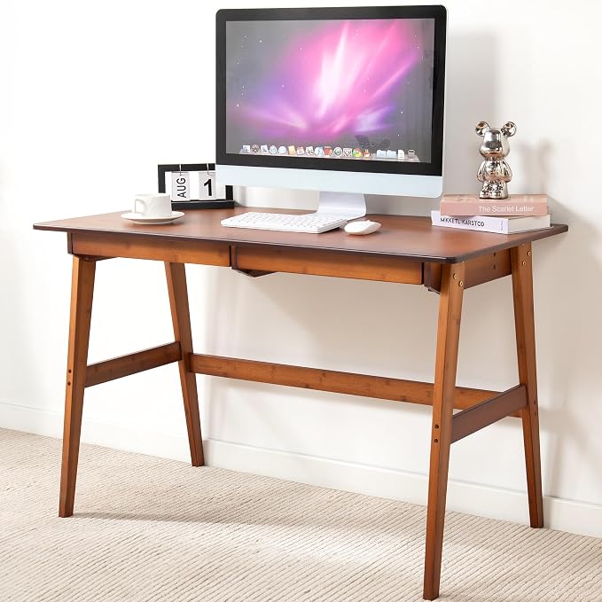Nnewvante 46" Bamboo Writing Desk with Drawers for Home Office, Brown | Work Study Laptop Table, Computer Desk with Storage for Bedroom, Modern Simple Style