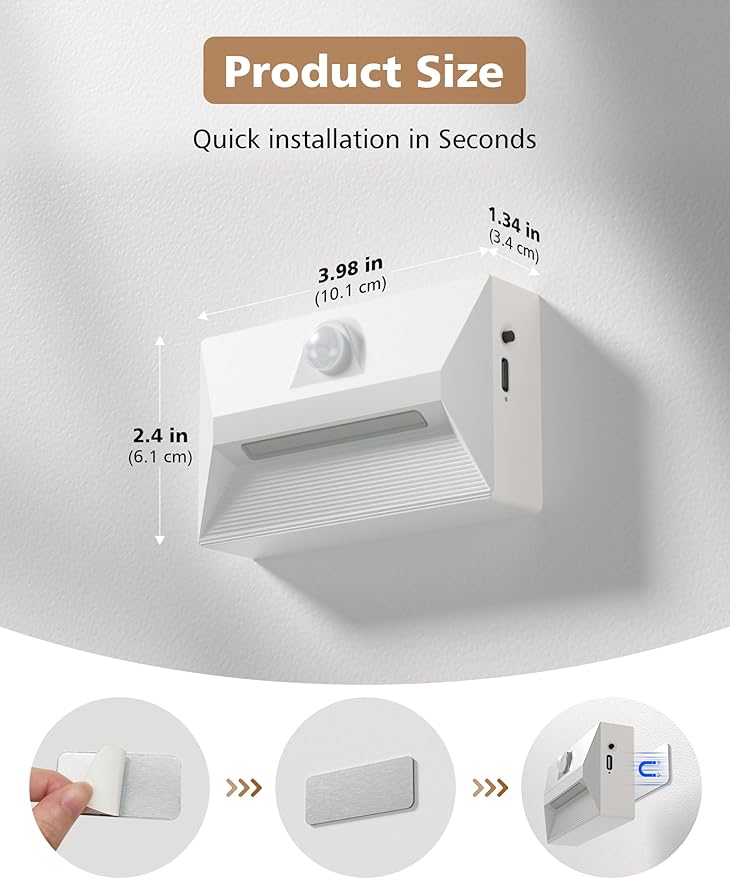 NIORSUN Motion Sensor Night Light, Rechargeable Stair Lights Indoor, 3 Colors and Motion Modes 2000 mAh Battery Night Light with Light Sensor for Stairway, Hallway, Bathroom, Kitchen White 6 Pack