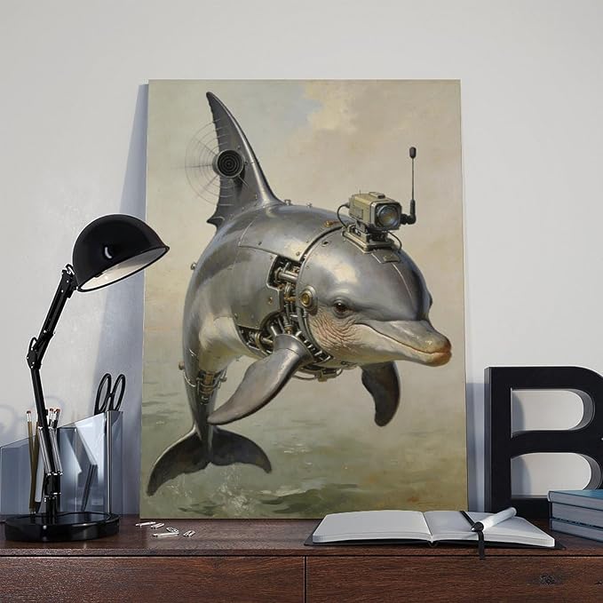 Framed Steampunk Mechanical Dolphin Wall Art - Marine Retro-Futuristic Poster for Beach House Living Room Decor 12x18inch(30x45cm)