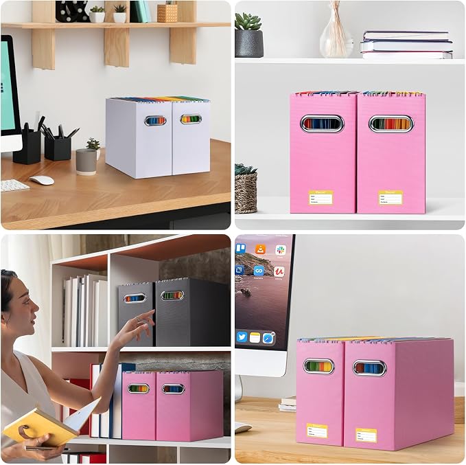 BALEINE File Organizer Box, Cardboard File Folder Organizer with Handle for Letter Size, Portable Collapsible Hanging Filing Box for Home Office Document Storage (2 Pack, Pink)