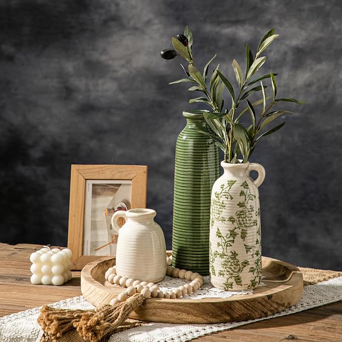 Ceramic Vases Set of 3, Farmhouse Country Flower Vase Home Decor,Living Room Kitchen Bathroom Decoration, Table Centerpieces, Shelf and Entrance Decorations-Multicolor.