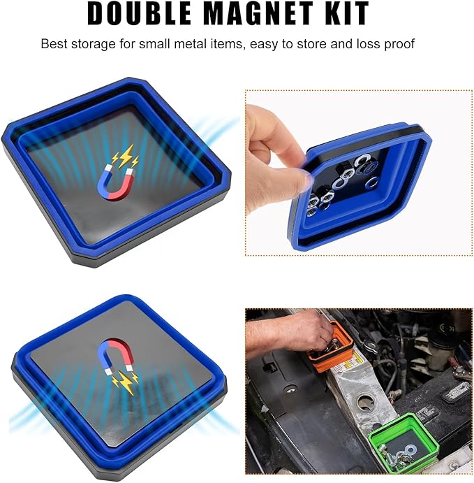 Collapsible Magnetic Parts Tray, 4.5 Inch Foldable Magnetic Square Silicone Tray, Tool Tray Set with Double-Sided Magnetic Base for Screw Bolts Nuts Pins, Car Accessories (Blue)