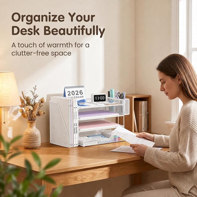 OPNICE Desk Organizers and Accessories, 4-Tier Desktop File Organizer with Drawer and Pen Holders, Office Desk Accessories Workspace Organizers for Office Supplies (White)
