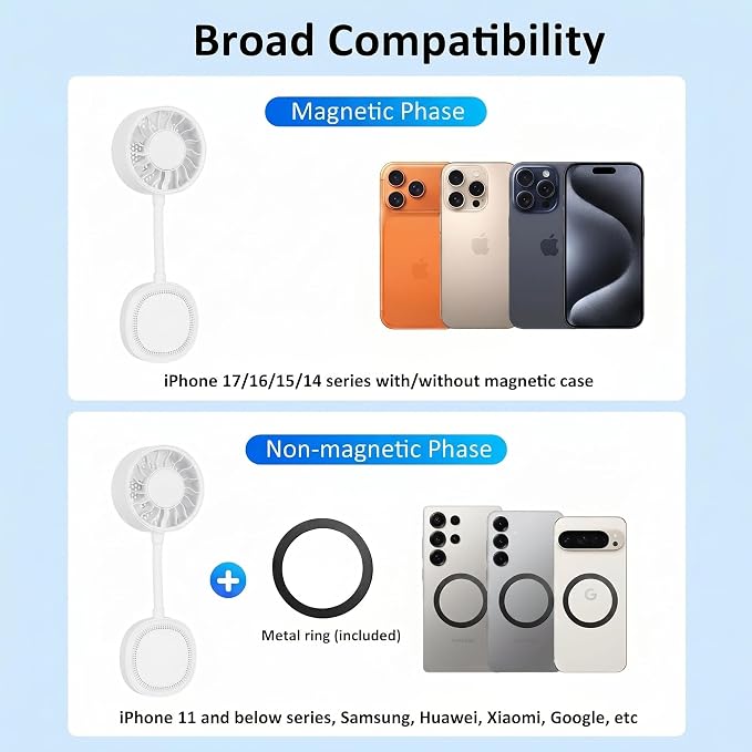 Magnetic Phone Fan, Small Portable Fan & Phone Stand with 360° Flexible Gooseneck, 3 Speeds, Wide Airflow, Rechargeable, Pocket Size for Women, Travel, Beach, Summer Cooling, Makeup Use, White