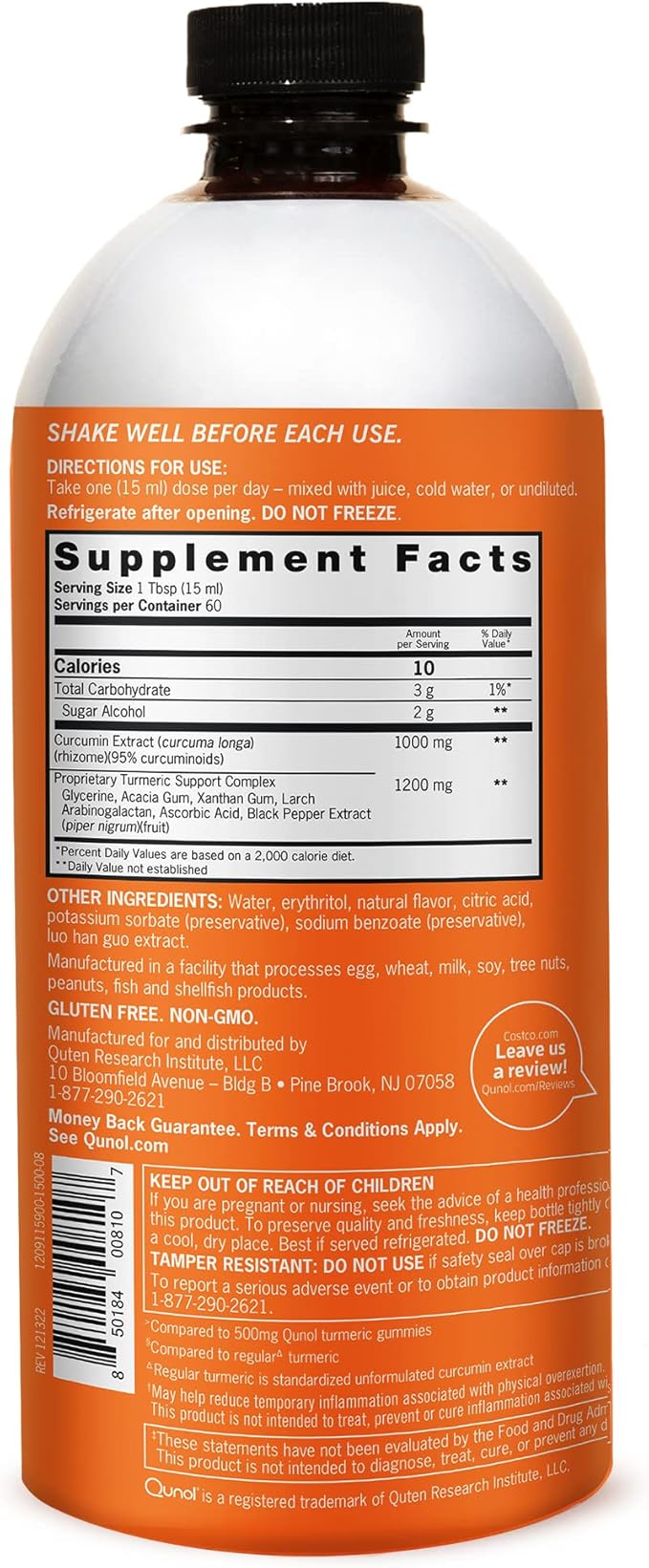 Qunol Liquid Turmeric Curcumin with Black Pepper, Turmeric Supplement 1000mg, Extra Strength, Joint Health, 60 Servings, 30.4 fl oz