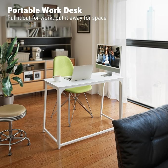 WOHOMO Folding Desk, 39.4" Foldable Computer Table for Small Spaces, White | Easy Assembly and Fold, Sturdy Home office desks for Study Bedroom Dorm Space Saving Writing Work Apartment