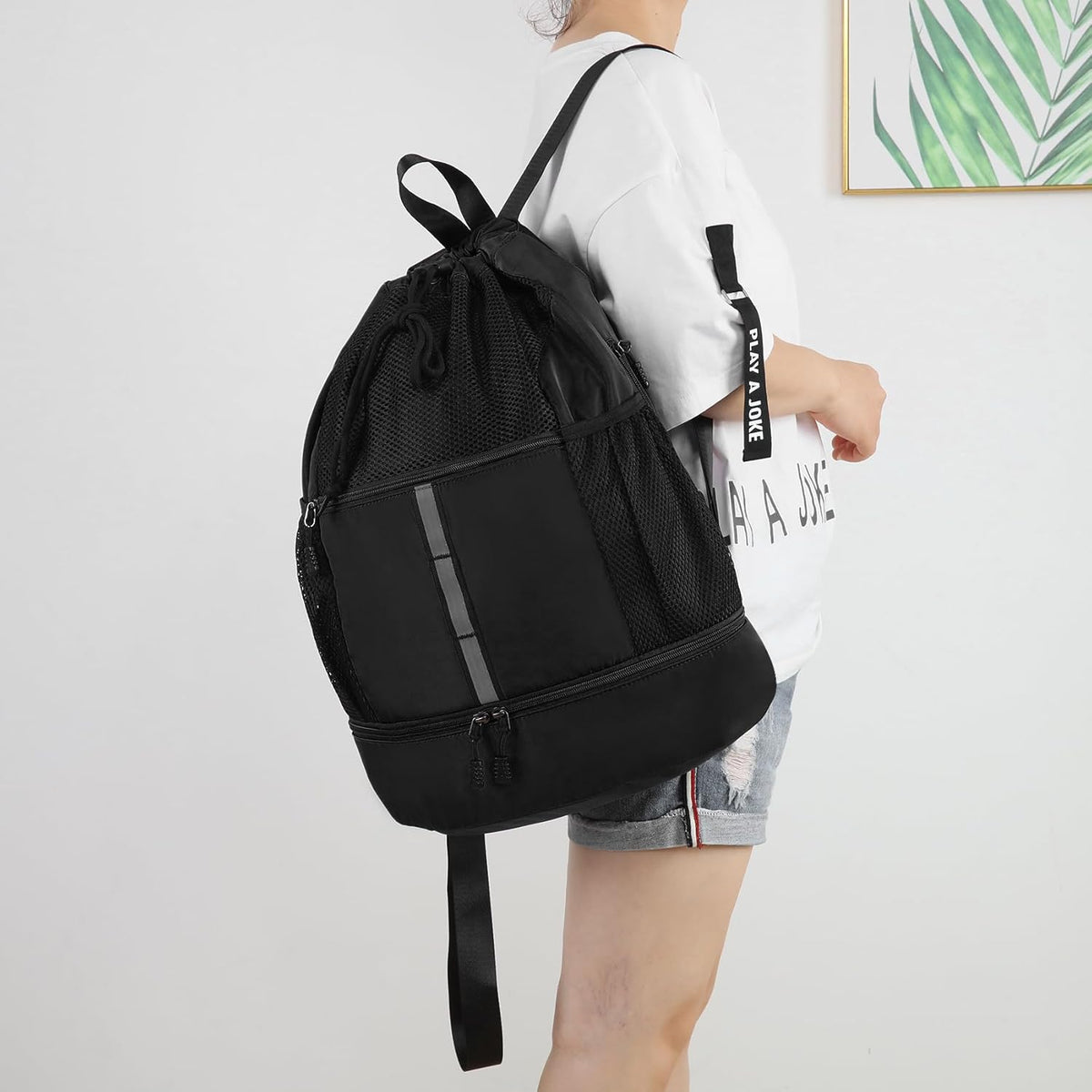 Valleycomfy Gym Bag - Drawstring Sports Backpack with Shoe Compartment & Reflective Strips | Black