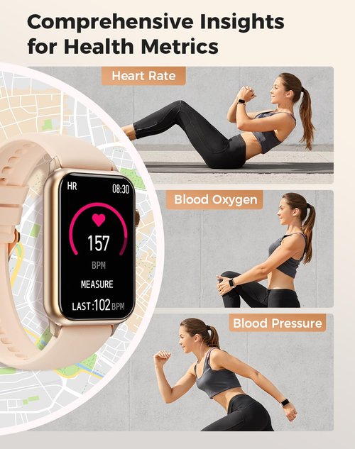 Health Fitness Tracker Smart Watch with 24/7 Heart Rate Blood Oxygen Blood Pressure Monitor Sleep Tracker 128 Exercise Modes Step Calorie Counter Pedometer IP68 Waterproof for Women Men Android iOS
