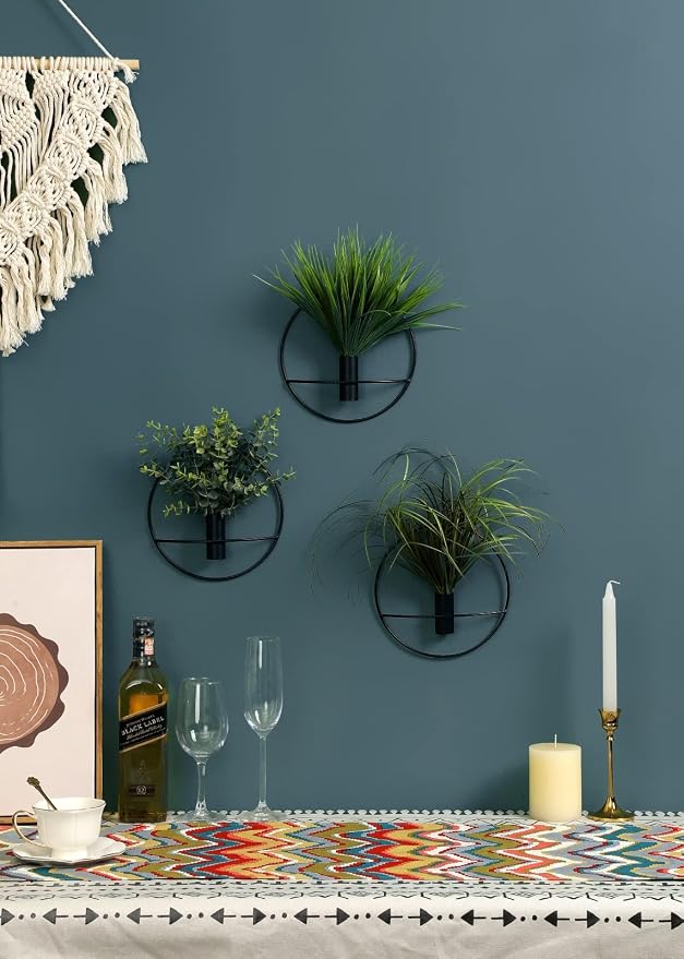 Pretty Jolly Boho Pampas Wall Decor Black Metal Wall-Mounted Art | Morden Artificial Greenery Display,2 Pack Eucalyptus Hanging Planter For Living Room, Bedroom, Bathroom, Dining room