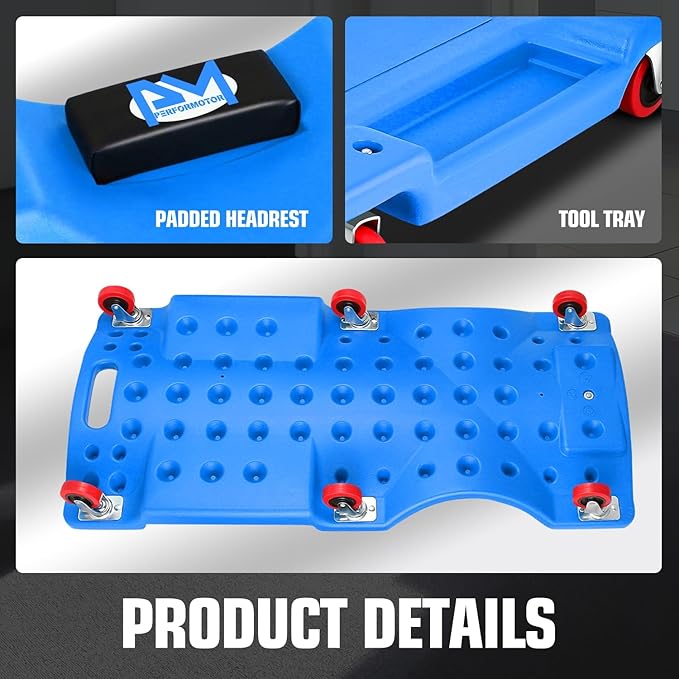 PM PERFORMOTOR 36" L X 17" W x 4.25" H Vehicle Repair Low Profile Automotive Creeper w/Padded Headrest, Blue, PM-TOL-CPC36-BL