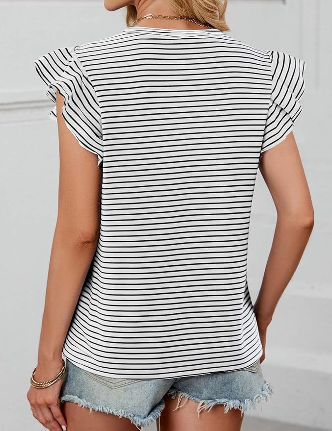JUSTFASHIONNOW Womens Summer Tops Striped T-Shirts 2026 Ruffle Short Sleeve Crew Neck Casual Blouses with Pocket