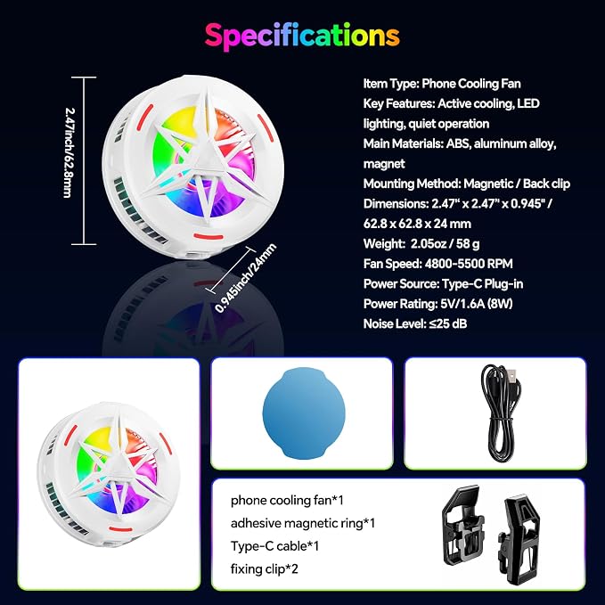 Basics RGB Magnetic Phone Cooler, Low Noise USB Gaming Cooling Fan, Magnetic Ring & Clip Compatible with iPhone/Andriod Phone