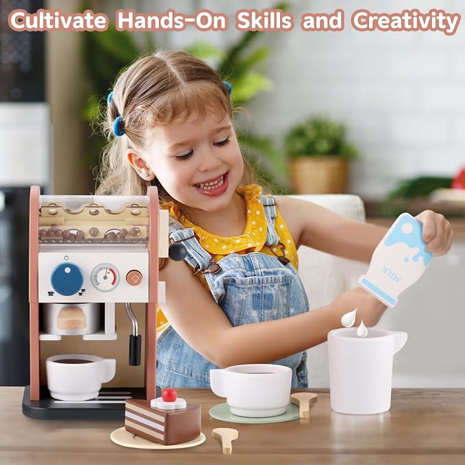 GAGAKU Wooden Coffee Maker Toy 14 pcs Play Kitchen Accessories Toy Coffee Maker for Kids Pretend Playset Toddler Coffee Maker Gifts for Boys and Girls
