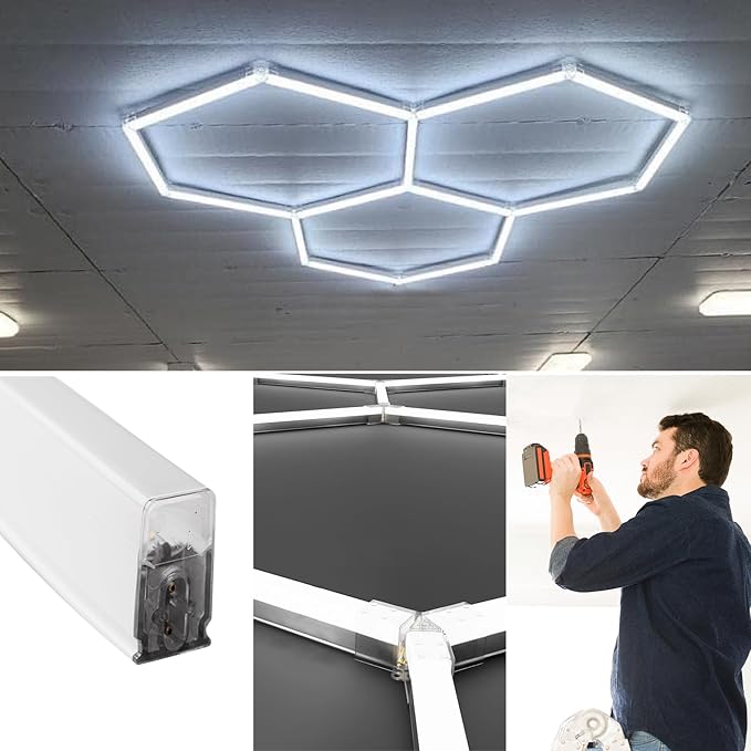 Dimmable Garage Hexagon Lights, 45W 6500K 24V Dimmable Higher Brightness Hex Garage Lights, Plug and Play for Warehouse Workshop Gym Basement Car Care Wash Room (with Remote Control)