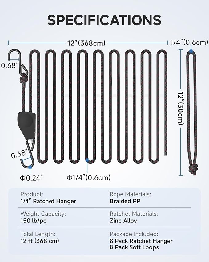 Fondwell 1/4" Retractable Ratchet Straps: 8-Pack Rope Hangers with Protective Soft Loops - Secure Tie Down Ratcheting for Transport