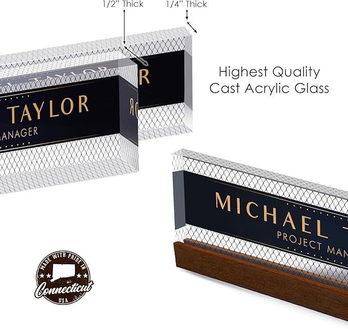 Artblox Personalized Office Desk Name Plate With Business Card Holder | Clear Acrylic Glass with Teak Wood Stand | Net Shape Design Customized with Your Name and Credentials Office Desk Décor