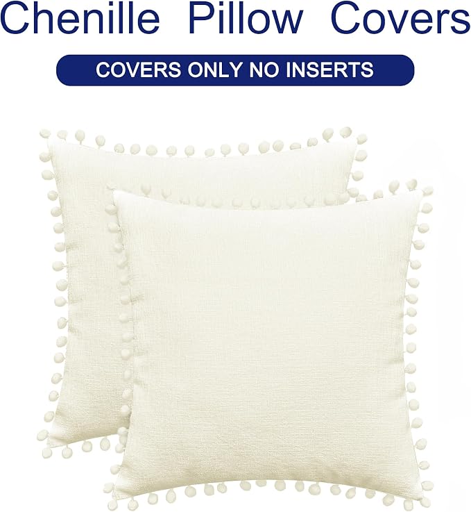 CaliTime Decorative Couch Throw Pillow Covers 16 X 16 Inches Cream | Pack of 2, Cozy Chenille Cushion Cases, with Pom Poms for Sofa Bed Living Room Farmhouse Home