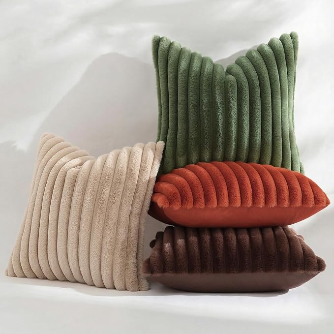 decorUhome Fall Faux Fur Throw Pillow Covers 26x26 Set of 2 Olive Green | Decorative Soft Cozy Striped Plush Modern Farmhouse Boho Couch Pillow Cases Velvet Back for Sofa Bed Living Room Home Decor