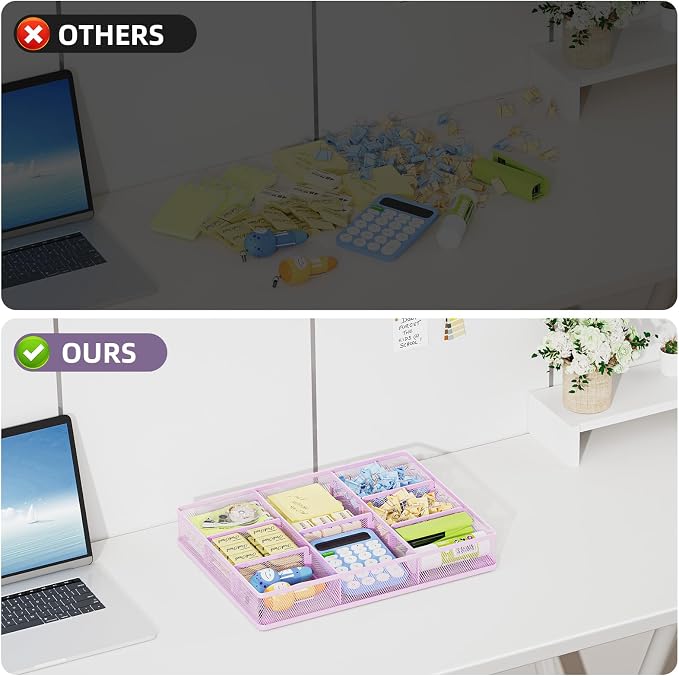 Marbrasse Desk Drawer Organizer, Metal Mesh Drawer Organizer Tray with 5 Adjustable Compartments,Desk Organizers and Accessories for Home,Office,Kitchen,Makeup,Vanity (Purple)