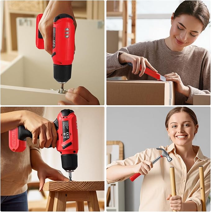 TLGREEN 101 Pcs 8V Cordless Drill and Tool Set, USB-C Rechargeable Power Tool Kit with Brushless Motor & Fast Charge, Lightweight Home Tool Kit for DIY, Repair, and Maintenance with Storage Case(Red)