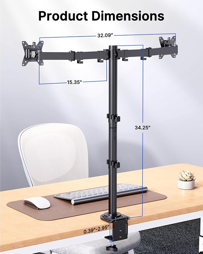 HUANUO Dual Monitor Stand for 13-32 Inch Screens, Tall Pole Desk Mount,Larger Base, Ideal for Sit-Stand Workstations, 22 lbs per Arm, VESA 75x75/100x100mm, Tilt Swivel Rotation, Cable Management