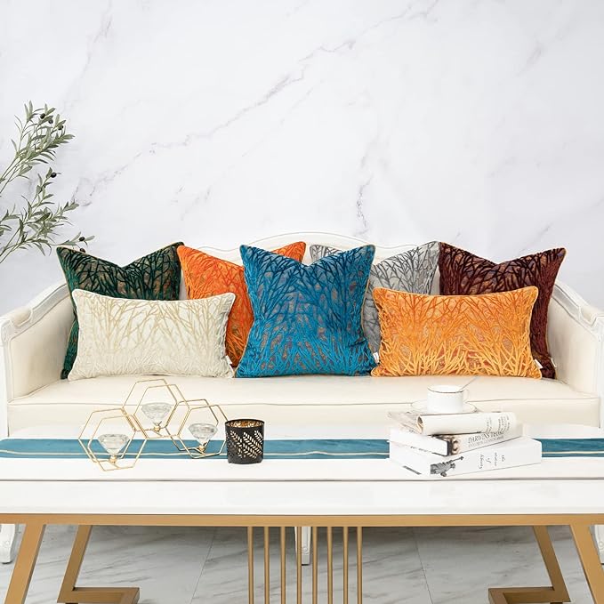 Grey Throw Pillow Cover Velvet Cushion Cover Branches Rectangular Pillowcase for Sofa Couch Bedroom Living Room, 12x20 Inch