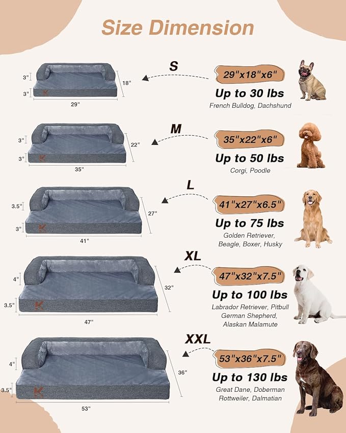 KSIIA Washable Dog Bed Medium Size Senior Dog, Orthopedic Warm Soft Pet Sofa Waterproof Pet Couch with Sides, Non-Slip and Egg-Crate Foam Beds with Removable Cover, 29x18Inch, Dark Grey