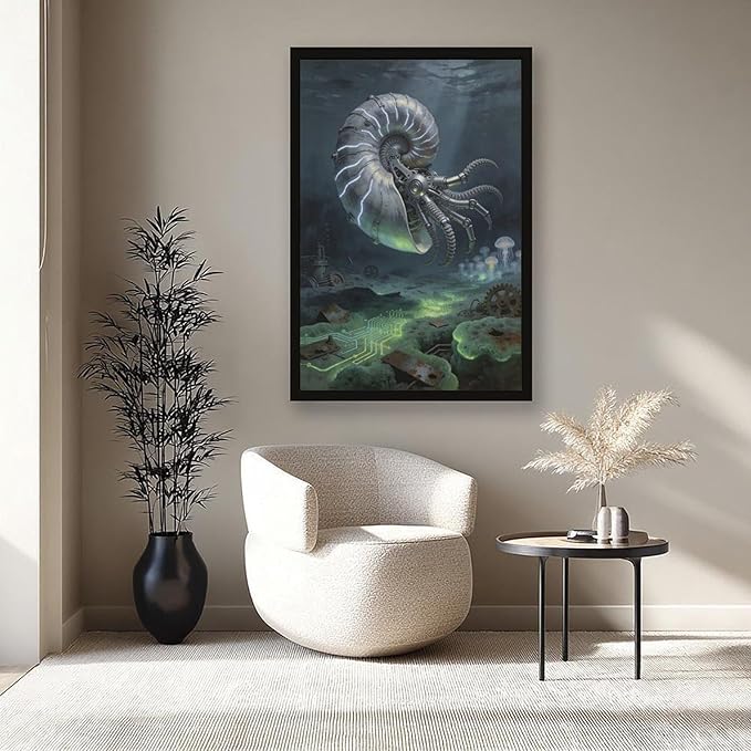 Framed Steampunk Mechanical Nautilus Wall Art - Underwater Industrial Poster for Man Cave Studio Decor 16x24in